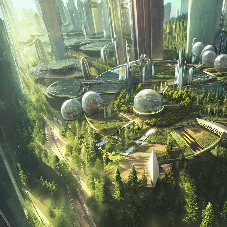 The image is a futuristic cityscape with towering skyscrapers and a lush, green forest in the center. The text "I can see my house from here" is written in a small, humorous font at the top of the image. The city is surrounded by a circular, futuristic-looking road with multiple lanes and a central park.